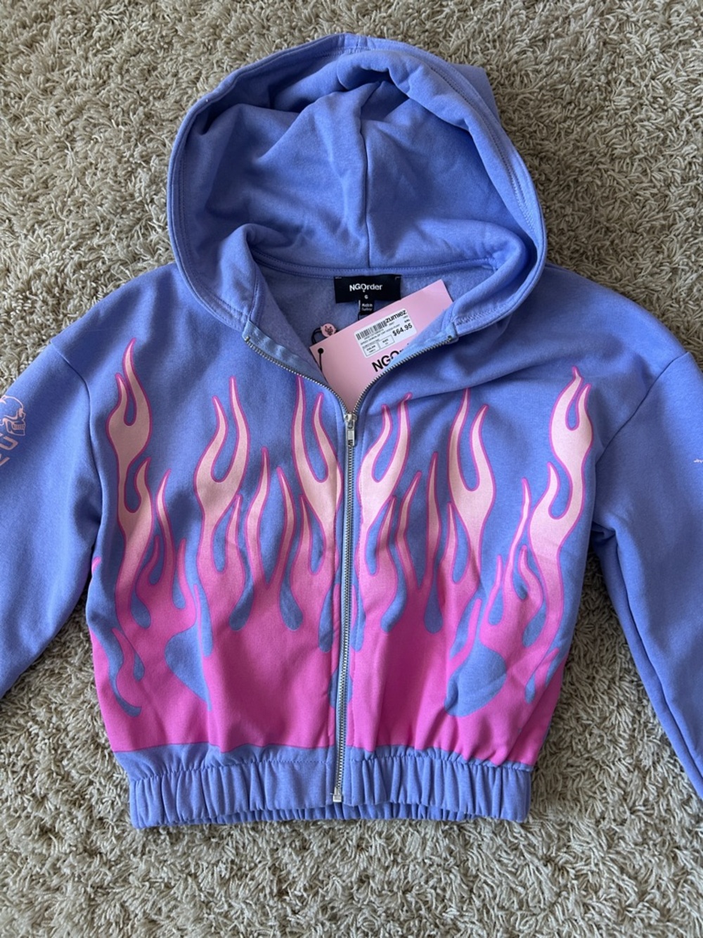 NWT NGOrder Lavender Cropped Zip Hoodie with Pink Flame Print Size XS